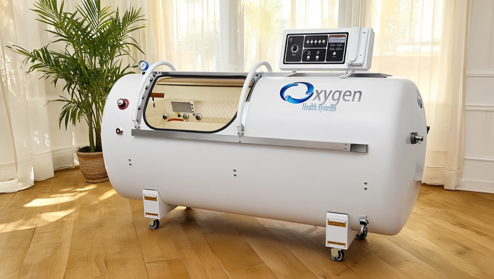 The hyperbaric chamber in a sunlit residence suite, viewing window and control console visible