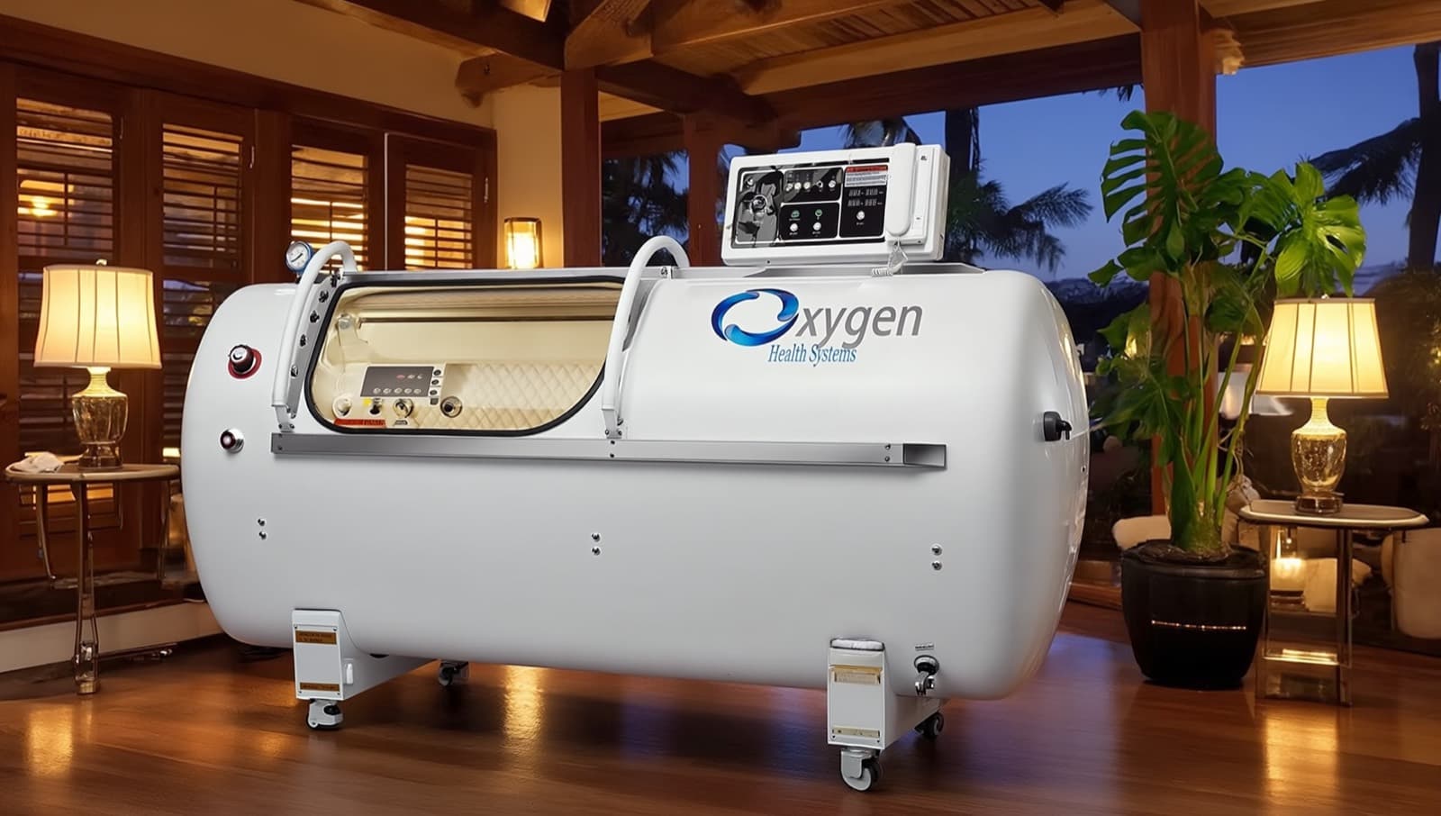 The hyperbaric oxygen chamber arriving at each residence, a hard-shell chamber with a wide viewing window, shown in a warm evening room