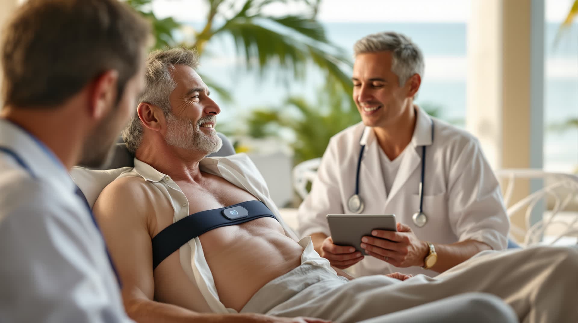 Patient resting at the MindScape clinic wearing the chest monitor strap while physicians review his telemetry on a tablet
