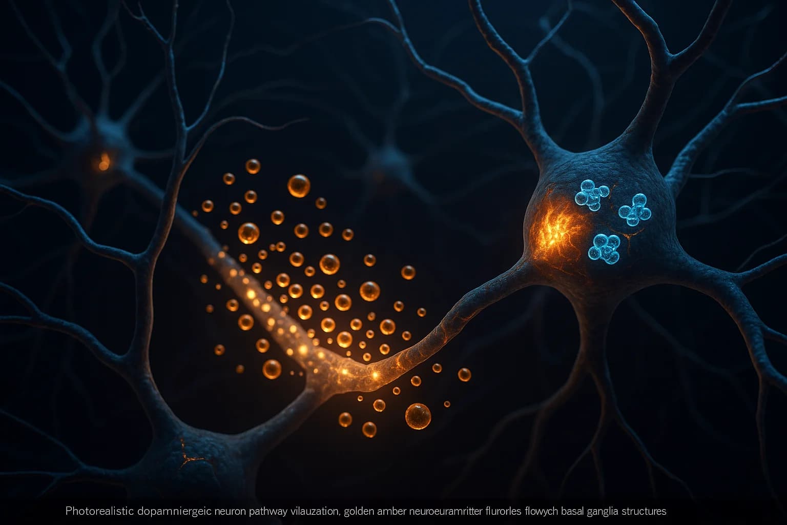 Dopaminergic neuron pathway with golden amber neurotransmitter particles