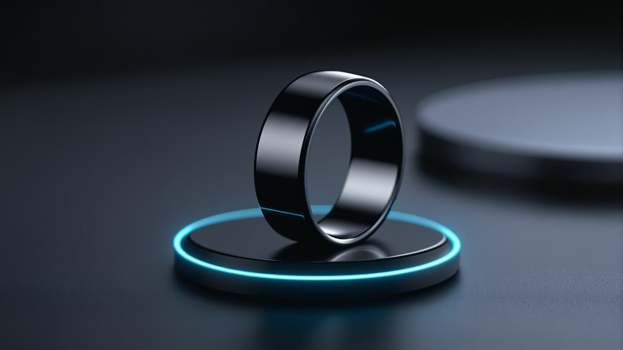 MindScape Baseline wellness ring on its glowing charging base